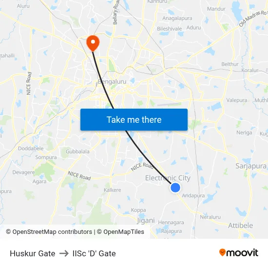 Huskur Gate to IISc 'D' Gate map