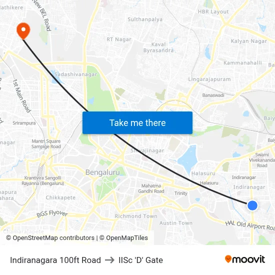 Indiranagara 100ft Road to IISc 'D' Gate map