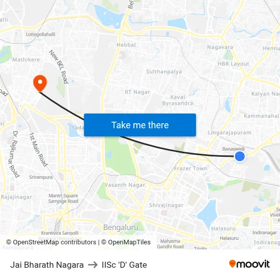 Jai Bharath Nagara to IISc 'D' Gate map