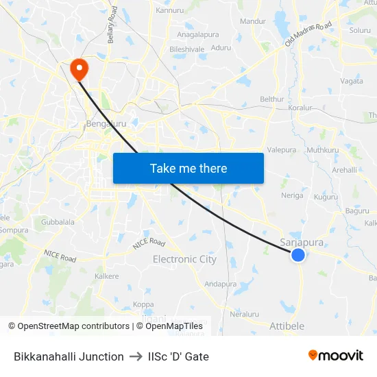 Bikkanahalli Junction to IISc 'D' Gate map