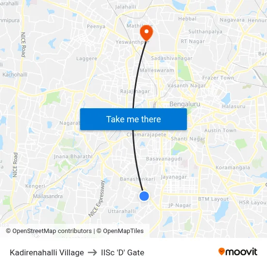 Kadirenahalli Village to IISc 'D' Gate map