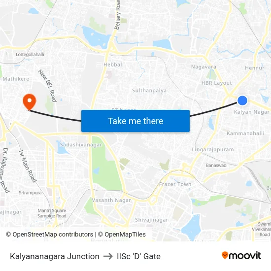 Kalyananagara Junction to IISc 'D' Gate map