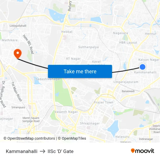 Kammanahalli to IISc 'D' Gate map