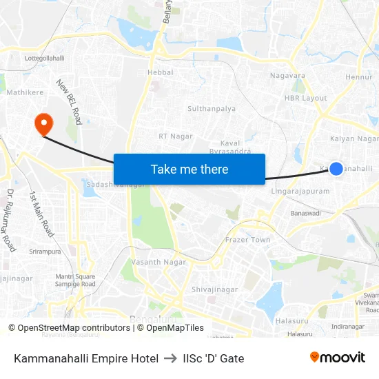 Kammanahalli Empire Hotel to IISc 'D' Gate map