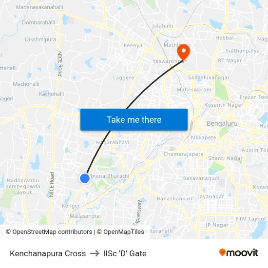 Kenchanapura Cross to IISc 'D' Gate map