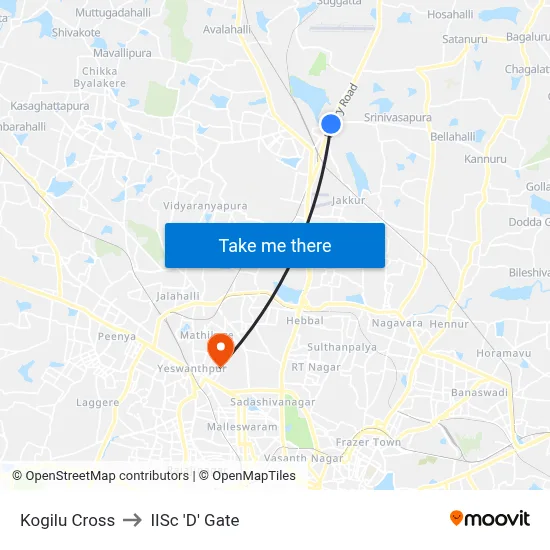 Kogilu Cross to IISc 'D' Gate map