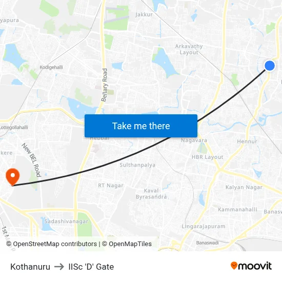 Kothanuru to IISc 'D' Gate map