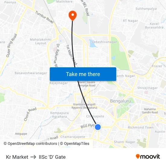 Kr Market to IISc 'D' Gate map