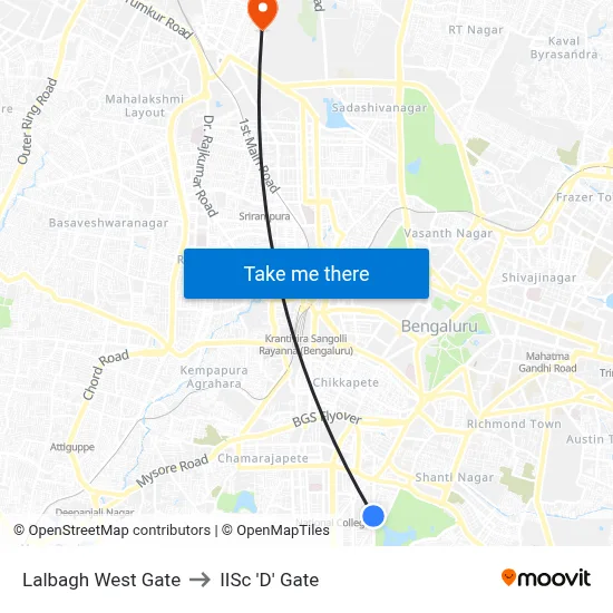 Lalbagh West Gate to IISc 'D' Gate map