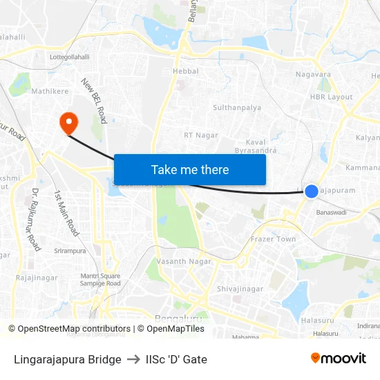 Lingarajapura Bridge to IISc 'D' Gate map