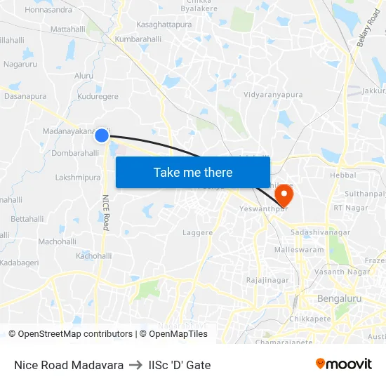 Nice Road Madavara to IISc 'D' Gate map