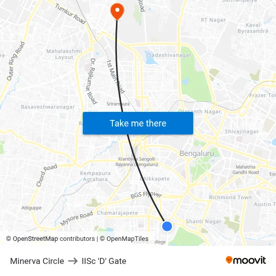 Minerva Circle to IISc 'D' Gate map