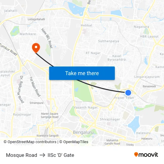 Mosque Road to IISc 'D' Gate map