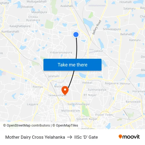 Mother Dairy Cross Yelahanka to IISc 'D' Gate map