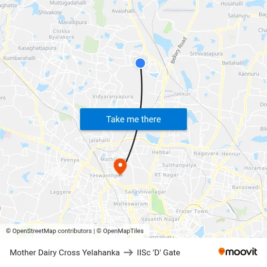 Mother Dairy Cross Yelahanka to IISc 'D' Gate map