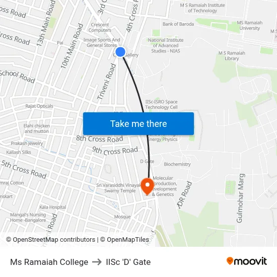 Ms Ramaiah College to IISc 'D' Gate map