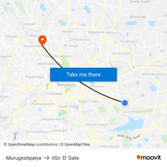 Murugeshpalya to IISc 'D' Gate map