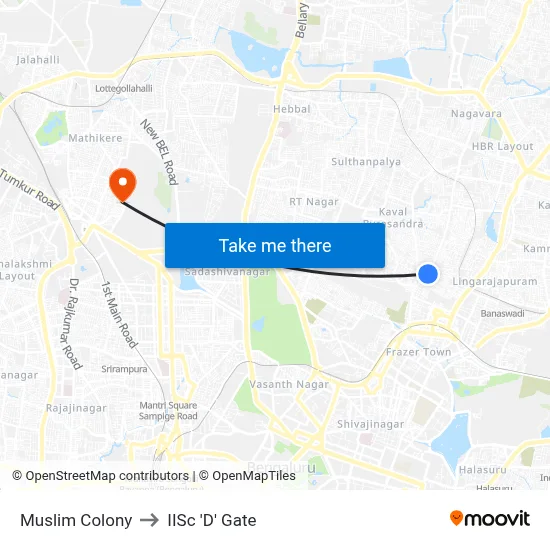 Muslim Colony to IISc 'D' Gate map