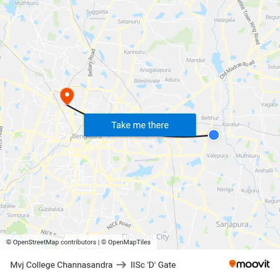 Mvj College Channasandra to IISc 'D' Gate map