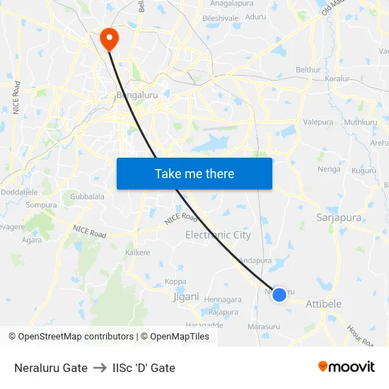 Neraluru Gate to IISc 'D' Gate map