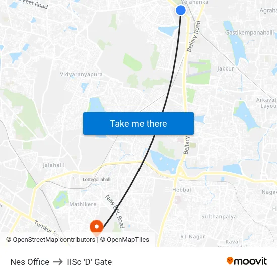 Nes Office to IISc 'D' Gate map