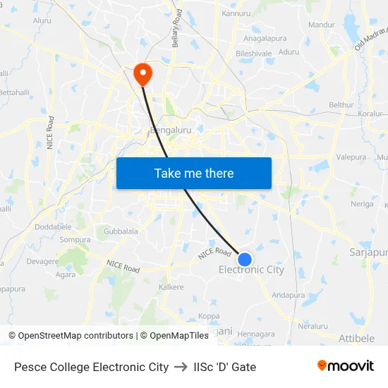 Pesce College Electronic City to IISc 'D' Gate map