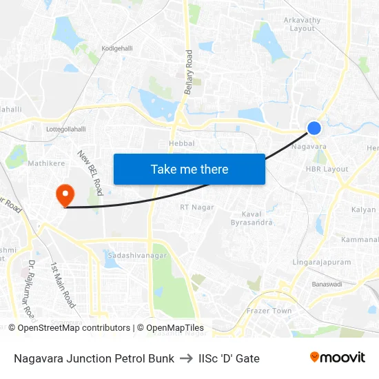 Nagavara Junction Petrol Bunk to IISc 'D' Gate map