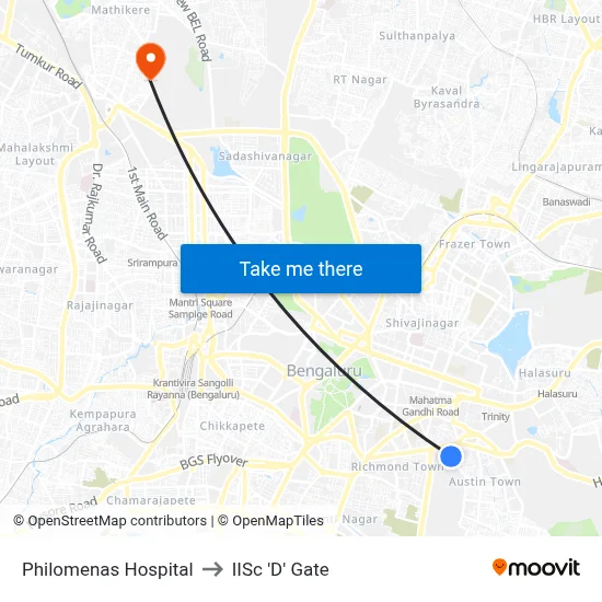 Philomenas Hospital to IISc 'D' Gate map