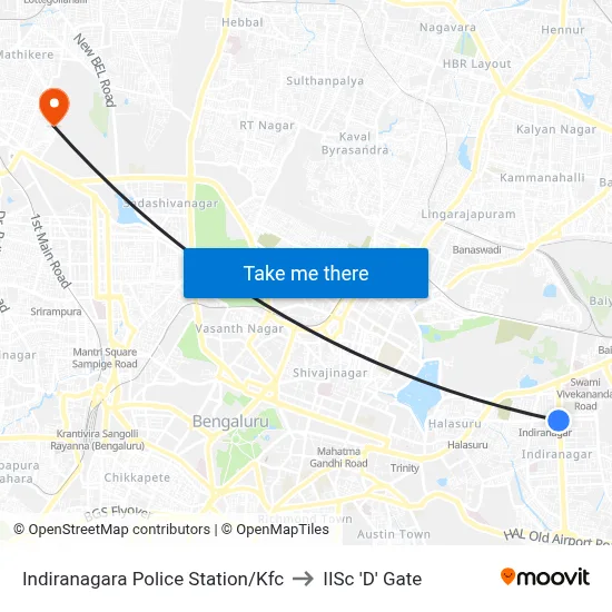 Indiranagara Police Station/Kfc to IISc 'D' Gate map