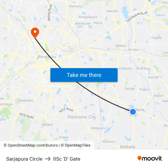 Sarjapura Circle to IISc 'D' Gate map