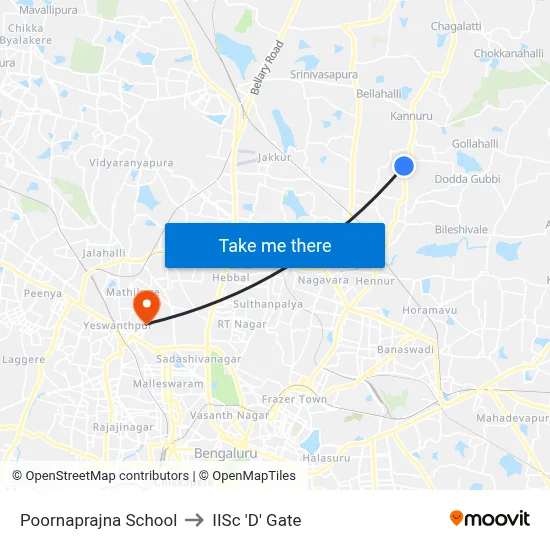 Poornaprajna School to IISc 'D' Gate map