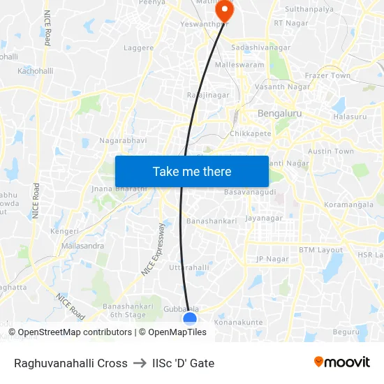 Raghuvanahalli Cross to IISc 'D' Gate map