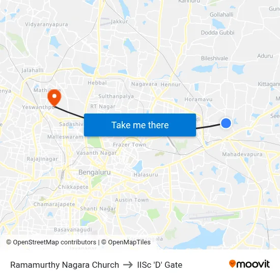 Ramamurthy Nagara Church to IISc 'D' Gate map