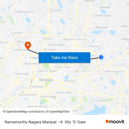 Ramamurthy Nagara Manipal to IISc 'D' Gate map