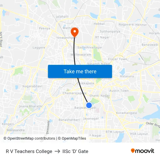 R V Teachers College to IISc 'D' Gate map