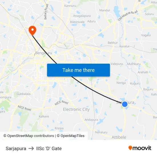 Sarjapura to IISc 'D' Gate map