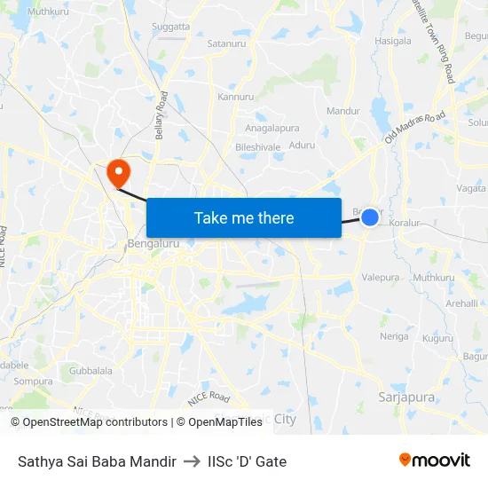 Sathya Sai Baba Mandir to IISc 'D' Gate map