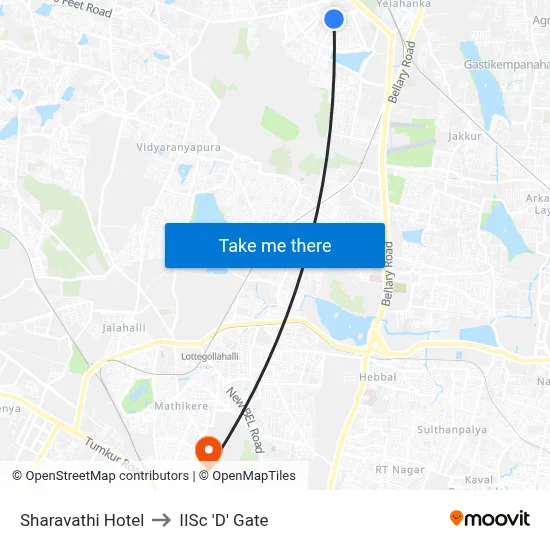 Sharavathi Hotel to IISc 'D' Gate map