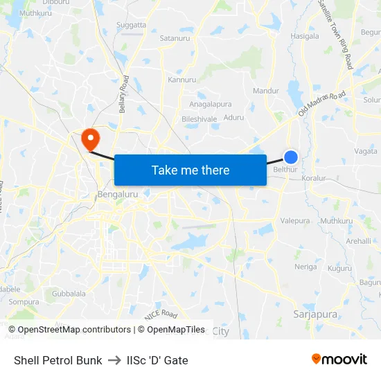 Shell Petrol Bunk to IISc 'D' Gate map