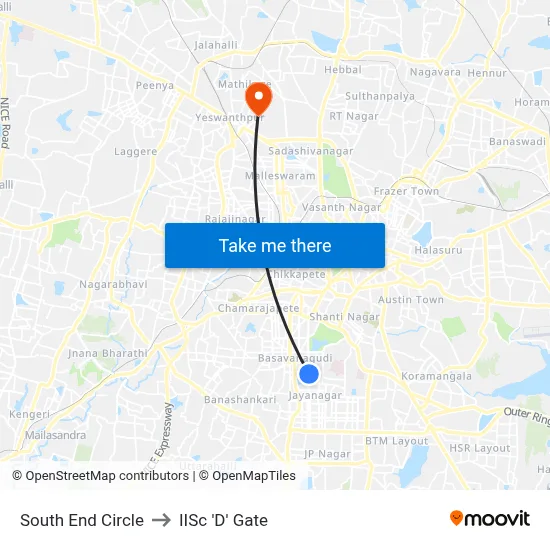 South End Circle to IISc 'D' Gate map