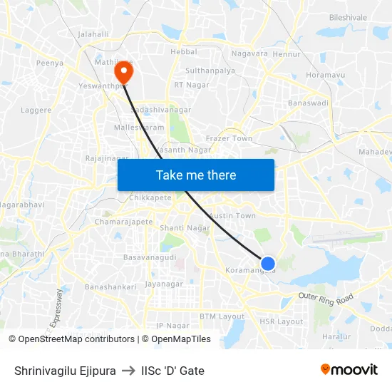 Shrinivagilu Ejipura to IISc 'D' Gate map