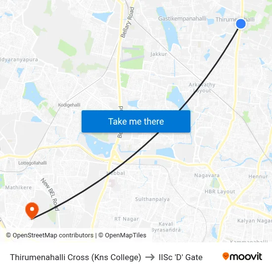 Thirumenahalli Cross (Kns College) to IISc 'D' Gate map