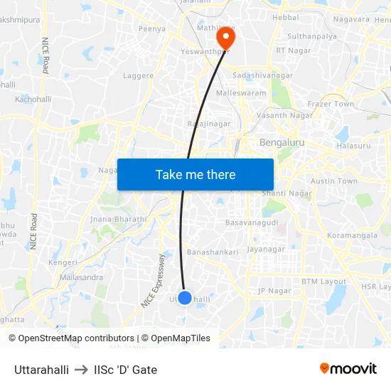Uttarahalli to IISc 'D' Gate map