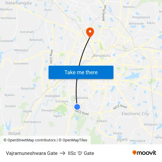 Vajramuneshwara Gate to IISc 'D' Gate map