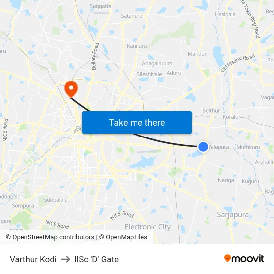 Varthur Kodi to IISc 'D' Gate map