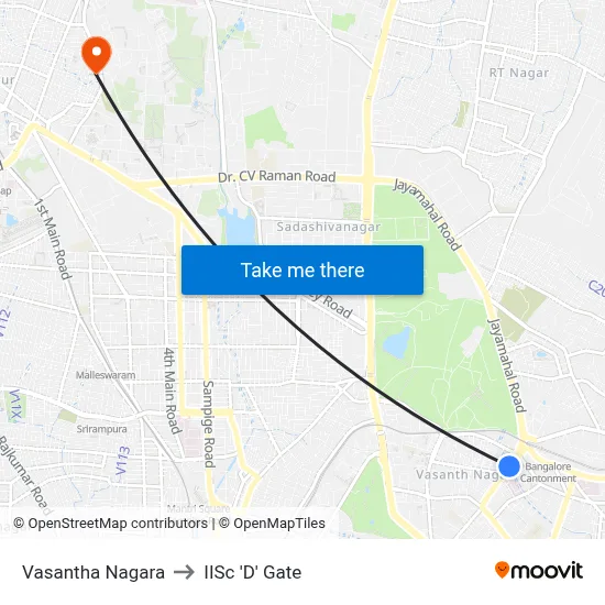 Vasantha Nagara to IISc 'D' Gate map