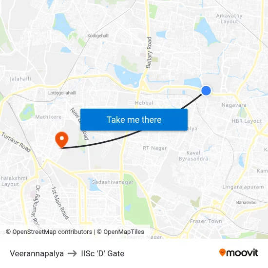 Veerannapalya to IISc 'D' Gate map