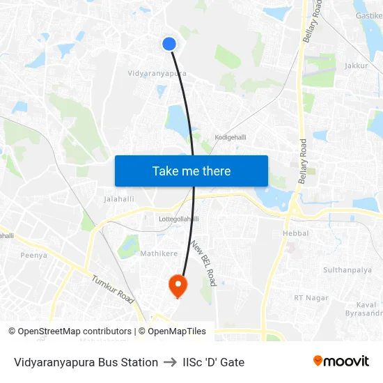 Vidyaranyapura Bus Station to IISc 'D' Gate map
