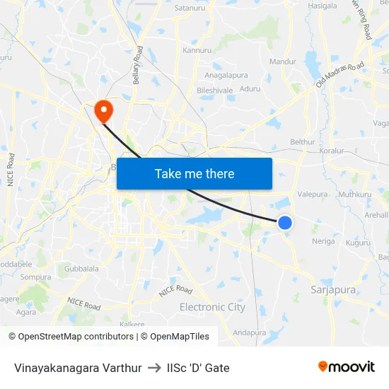 Vinayakanagara Varthur to IISc 'D' Gate map