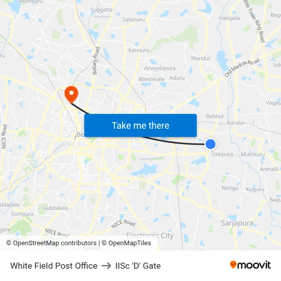 White Field Post Office to IISc 'D' Gate map